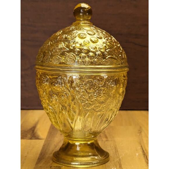 Vtg Avon 60s Glass Candy Trinket Dish Footed Floral Molded Glass Yellow Citron - Picture 10 of 16